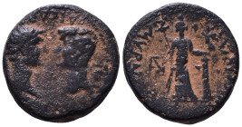 IONIA. Smyrna. Augustus with Tiberius as Caesar 27 BC-14 AD. Koronos, magistrate. Obv: CЄBACTON TIBЄPION KAICAPA. Bare heads of Augustus and Tiberius ...