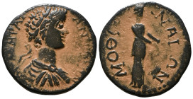 MESSENIA. Mothone. Caracalla, 198-217. Assarion AE. MAR AV[R] ANTONIN[VS] Laureate, draped and cuirassed bust of Caracalla to right. MOΘΩNAIΩN Female ...