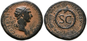Trajan, 98-117. As Orichalcum, Rome, for use in Syria. IMP CAES NER TRAIANO OPTIMO AVG GERM Radiate bust of Trajan to right, with slight drapery on hi...