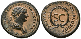 Trajan, 98-117. As Orichalcum, Rome, for use in Syria. IMP CAES NER TRAIANO OPTIMO AVG GERM Radiate bust of Trajan to right, with slight drapery on hi...
