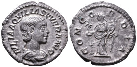 AQUILIA SEVERA, 2nd wife of Elagabal, AD 220-222. Denarius 19mm, 2,64g. AR IVLIA AQVILIA SEVERA AVG Draped bust right, hair waved and fastened in plai...