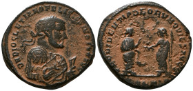 DIOCLETIAN. Follis. AE 310-311 AD Antioch. Laureate bust, draped and with cuirass on the right carrying olive branch and map, around legend: D N DIOCL...