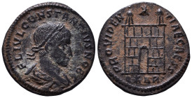 CONSTANTIUS II Caesar, 324-337. Follis AE. Arelate. FL IVL CONSTANTIVS NOB C. Laureate, draped and cuirassed bust right.| PROVIDENTIAE CAESS. Camp gat...