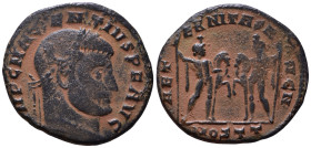 Maxentius, 306-312. Ostia, 309-312. IMP C MAXENTIVS P F AVG, laureate head right. AETERNITAS AVG, the Dioscuri standing facing each other, holding hor...