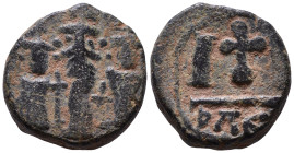 Heraclius, with Heraclius Constantine and Heraclonas, 610-641. 12 Nummi Alexandria mint. First example with cross only ? Arab-Byzantine imitation ? Æ ...