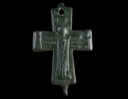 A BYZANTINE BRONZE RELIQUARY CROSS WITH CHRIST
Circa 10th-12th century AD.
Upper half of a reliquary cross (enkolpion) depicting Christ crucified, f...