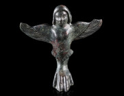 A ROMAN BRONZE CISTA FOOT IN THE FORM OF A SIREN
Circa 1st-2nd century AD.
The upper body is shaped in the form of a winged siren with incised feath...