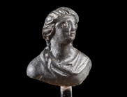 A ROMAN BRONZE BUST APPLIQUE OF A HERO
Circa 1st-3rd century AD.
Small bust of a Greek hero reminiscent of Alexander the Great. The head turned upwa...
