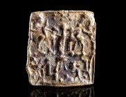 A MINIATURE ROMAN DANUBIAN RIDER LEAD VOTIVE PLAQUE 
Circa 3rd-4th century AD.
Unpublished and unique miniature rectangular ‘Mystery Plaque’. Depict...