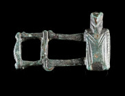 A BYZANTINE BRONZE FIGURAL CLASP
Circa 8th-12th century AD.
Clasp with a stylised figure; incised and punched decoration.
L 37 mm

Ex European pr...