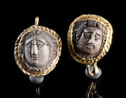 A PAIR OF ROMAN GOLD EARRINGS WITH MEDUSA CAMEOS
Circa 2nd-3rd century AD.
Matching pair of earrings composed each of a finely bordered medallion wi...