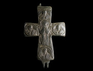 A BYZANTINE BRONZE CROSS WITH MARY AND THE EVANGELISTS
Circa 10th-12th century AD.
One half of a reliquary cross (enkolpion) depicting Virgin Mary w...