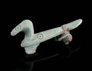 A ROMAN BRONZE BIRD BROOCH
Circa 2nd-3rd century AD.
Modelled in the shape of a bird with folded wings. The body decorated with ring-and-dot motifs ...