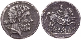 SPANIEN KELTIBERER
Bolskan / Osca AR-Denar 133-72 v. Chr. Vs.: bärtiger Kopf n. r., Rs.: Lanzenreiter n. r. Burgos 408; de Guadan 587-593; Calico 168...