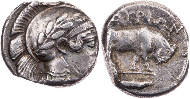 LUKANIEN THOURIOI
 AR-Didrachme/Nomos 443-400 v. Chr. Vs.: Kopf der Athena mit ...