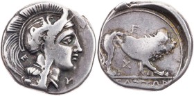 LUKANIEN VELIA / HYELE
 AR-Didrachme/Nomos 350-281 v. Chr. Vs.: Kopf der Athena n. r., dahinter E, davor Y, Rs.: Löwe n. r., darüber EY, darunter X H...