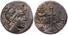 PONTOS CHABAKTA
 AE-Tetrachalkon 100-85 v. Chr. Vs.: Kopf des Ares mit Helm n. r., Rs.: Parazonion, links oben Stern über Mondsichel, unten Monogramm...