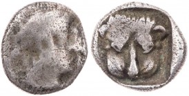 SAMARIA
 AR-Obol 375-333 v. Chr. Vs.: Kopf eines Mannes n. r., Rs.: Löwenskalp v. v. Meshorer/Qedar, Samarian Coinage, Vs. 161 / Rs. 162. 0.69 g. RR ...