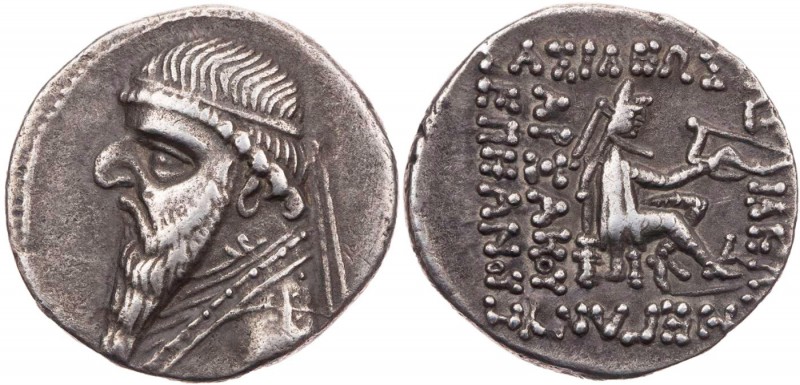 PARTHER, KÖNIGREICH DER ARSAKIDEN
Mithradates II., 123-88 v. Chr. AR-Drachme Ek...