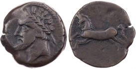 NUMIDIEN
Massinissa und Nachfolger, 208-148 v. Chr. AE-Obol Vs.: Kopf mit Lorbeerkranz n. l., Rs.: Pferd läuft n. l. SNG Cop. 504. 13.75 g. dunkelbra...