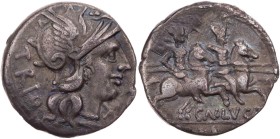 RÖMISCHE REPUBLIK
Cn. Lucretius Trio, 136 v. Chr. AR-Denar Rom Vs.: Kopf der Roma mit geflügeltem Helm n. r., dahinter TRIO, unter dem Kinn X, Rs.: D...