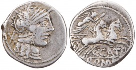 RÖMISCHE REPUBLIK
C. Porcius Cato, 123 v. Chr. AR-Denar Rom Vs.: Kopf der Roma mit geflügeltem Helm n. r., dahinter X, Rs.: Victoria mit Peitsche in ...