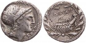 RÖMISCHE REPUBLIK
Q. Lutatius Cerco, 109/108 v. Chr. AR-Denar Rom Vs.: Kopf der Roma (oder des Mars) mit Helm n. r., darüber ROMA, rechts CERCO, Rs.:...