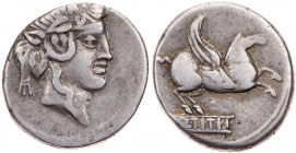 RÖMISCHE REPUBLIK
Q. Titius, 90 v. Chr. AR-Denar Rom Vs.: Kopf des Bacchus (oder Liber) mit Efeukranz und Tänie n. r., Rs.: Pegasus springt n. r., da...