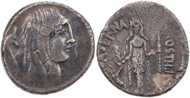 RÖMISCHE REPUBLIK
L. Hostilius Saserna, 48 v. Chr. AR-Denar Rom Vs.: Kopf der Gallia mit offenem Haar n. r., dahinter Carnyx, Rs.: [L H]OSTILI[VS - S...