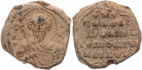Aaron, Protoprohedros & Dux (Mesopotamias), um 1057-1059. Bleisiegel Vs.: Büste des hl. Theodoros in Rüstung mit Schild und Lanze v. v., Rs.: 6 Zeilen...