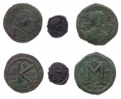 Lot, byzantinische Münzen 3 AE-Prägungen: Iustinus I., Follis, Nikomedia; Iustinianus I., Halbfollis, Nikomedia, Jahr 13; Okta, Thessalonike Sear 88, ...