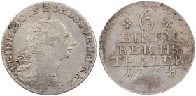 BRANDENBURG - PREUSSEN PREUSSEN, KÖNIGREICH
Friedrich II., 1740-1786. 1/6 Taler 1764 A Berlin Vs.: Büste n. r., Rs.: Wert und Jahr Olding 81. 5.40 g....