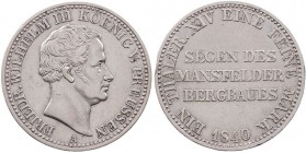 BRANDENBURG - PREUSSEN PREUSSEN, KÖNIGREICH
Friedrich Wilhelm III., 1797-1840. Ausbeutetaler 1840 A Berlin AKS 18; J. 63; Thun 251; Olding 184. kl. K...