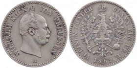BRANDENBURG - PREUSSEN PREUSSEN, KÖNIGREICH
Wilhelm I., 1861-1888. 1/6 Taler 1862 A Berlin AKS 100; J. 91; Olding 409. ss-vz