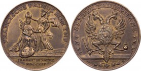 FRANKFURT STADT
 Bronzemedaille 1745 Spottmedaille auf die Krönung Franz' I. von Österreich, Vs.: weibliche Gestalt krönt den sitzenden Kaiser, zu se...