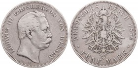 REICHSSILBERMÜNZEN HESSEN
Ludwig III., 1848-1877. 5 Mark 1876 H J. 67. s-ss