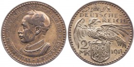 REICHSMÜNZEN PROBEN PREUSSEN
Wilhelm II., 1888-1918. 2 Mark (Cu versilbert) 1913 (v. Karl Goetz) Schaaf 111 G3. 9.21 g. Vs. kl. Kratzer, ss/vz