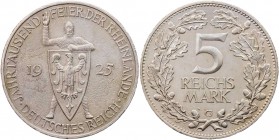 WEIMARER REPUBLIK
 5 Reichsmark 1925 G Zur Jahrtausendfeier der Rheinlande J. 322. Vs. etwas rau, sonst fast vz