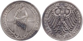 WEIMARER REPUBLIK
 3 Reichsmark 1928 A 900 Jahre Naumburg an der Saale J. 333. fleckig, sonst ss+