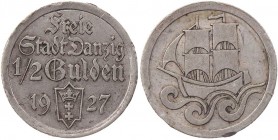 DANZIG FREIE STADT
 1/2 Gulden 1927 (A) J. D 6. Randfehler, sonst ss+