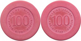 DANZIG SPIELMARKEN
 100 Gulden Kunststoff-Spielmarke des Kasino Zoppot, rund, rosa, Dm. 41 mm Menzel 2691.12. vz