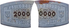 DANZIG SPIELMARKEN
 20.000 Gulden Kunststoff-Spielmarke des Kasino Zoppot, hellblau-grau, Wertzahl und Arabesken mit Kupfer ausgelegt Menzel -. einzi...