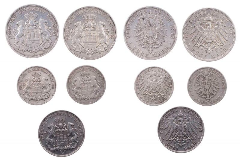 KAISERREICH
 Lot Silbermünzen Hamburg: 2, 3 und 5 Mark J. 61, 62, 63, 64, 65. 5...
