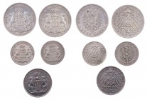 KAISERREICH
 Lot Silbermünzen Hamburg: 2, 3 und 5 Mark J. 61, 62, 63, 64, 65. 5 Stück ss-fast vz