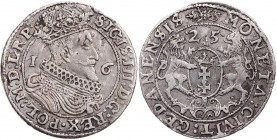 POLEN DANZIG
Sigismund III., 1587-1632. Ort (1/4 Reichstaler) 1625 Vs.: bekröntes Brustbild n. r., Rs.: Stadtwappen zwischen Löwen Gumowski 1393. 6.5...