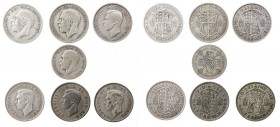 GROSSBRITANNIEN
 Lot Half Crowns George V., 1933 und 1936; George IV., 1940, 1941, 1944, 1949; dazu: 1 Florin, George V., 1935. 7 Stück s-ss