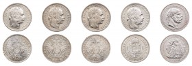 ÖSTERREICH RDR UND KAISERREICH
Franz-Josef I., 1848-1916. Lot Silbermünzen Gulden 1878, 1880, 1881 (winz. Kratzer), 1888; dazu: 5 Corona 1907 KB, auf...