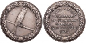 FAUNA VÖGEL
 Versilberte Bronze-Hohlmedaille 1936 (v. Oertel, Berlin) Ehrenpreis der Vereinigung deutscher Kanarienzüchter, Vs.: Kanarienvogel auf St...