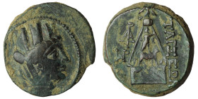 Cilicia, Tarsos AE.ca 2nd - 1st century BC.
Obv: Turreted head of Tyche to right
Rev: Pyre of Sandan: Sandan atop back of horned lion-griffin standi...