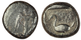 Cilicia, Mallos AR Stater. Circa 425-385 BC. Beardless male winged figure in kneeling-running stance right, holding disc with star in both hands; ΜAΛP...